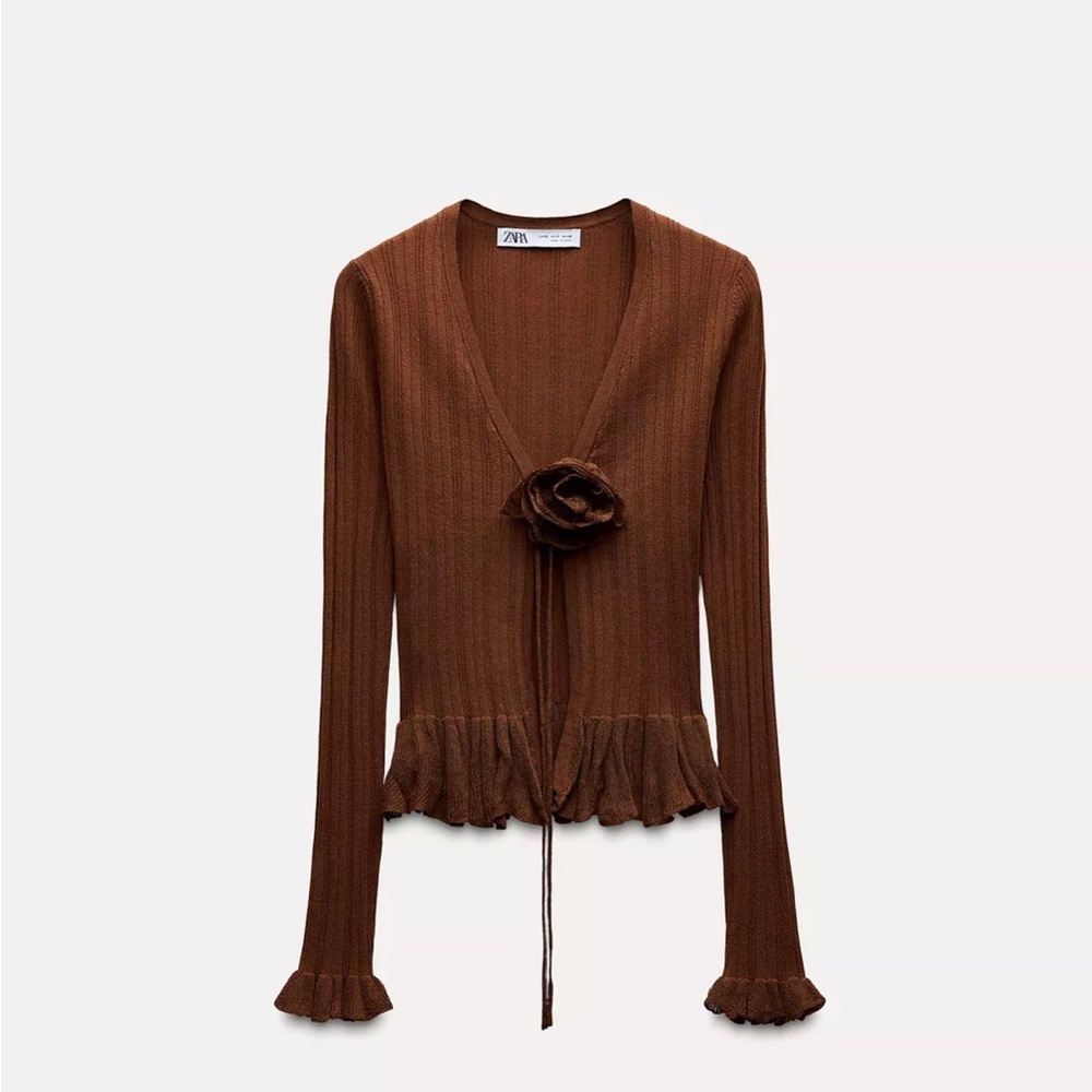 NWT Medium Zara Brown Fine Knit Flower Ruffle Cardigan (Fits sz Small)